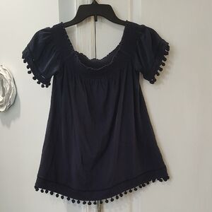 Crown & Ivy Navy Ruffled Cold Shoulder Pom-pom Blouse